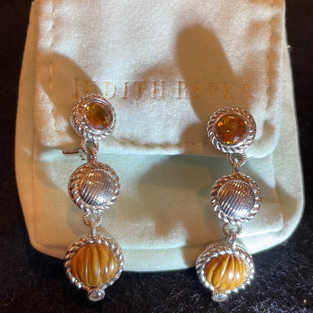 JUDITH RIPKA Citrine & Jasper Gemstone Sterling 925 Omega Drop Dangle Earrings